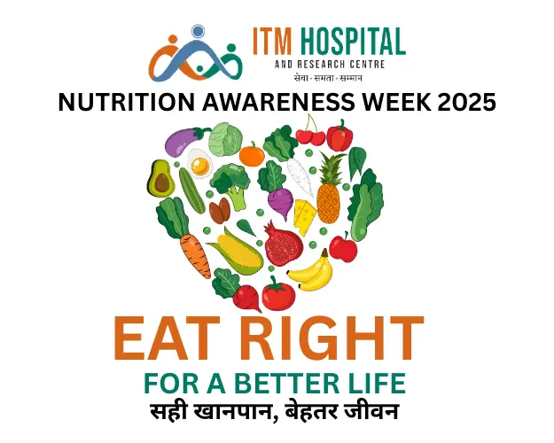 Nutrition Awareness Week 2025 poster with theme Eat Right for a Better Life, featuring colorful fruits, vegetables, a healthy plate, and ITM Hospital