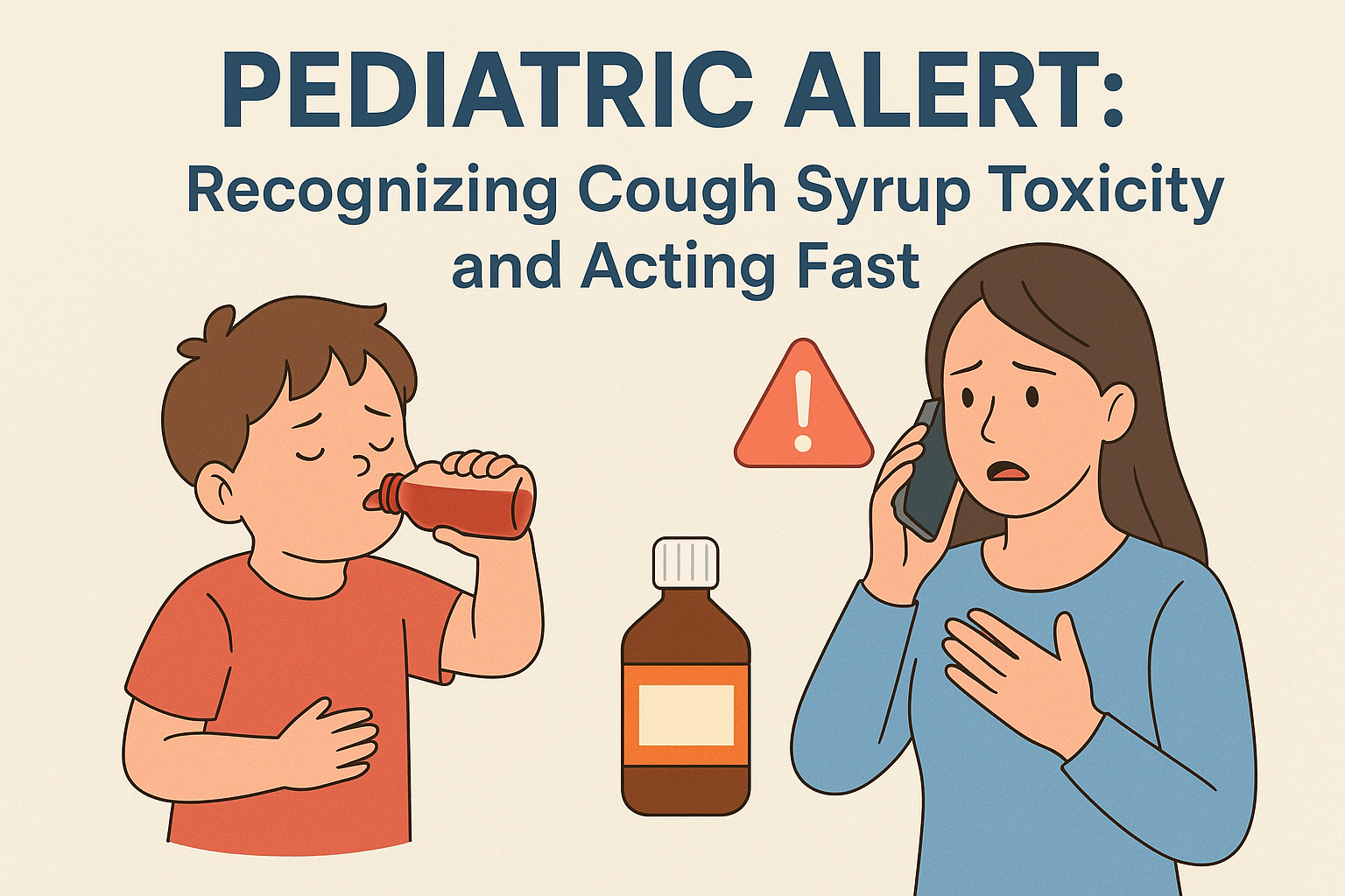 Illustration showing pediatric alert for cough syrup toxicity, with a child drinking syrup and a worried parent calling for emergency help.