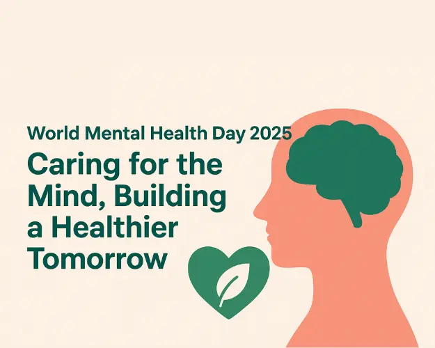 World Mental Health Day 2025 banner showing ITM Hospital logo and the theme “Caring for the Mind, Building a Healthier Tomorrow” promoting access to mental health services during catastrophes and emergencies.