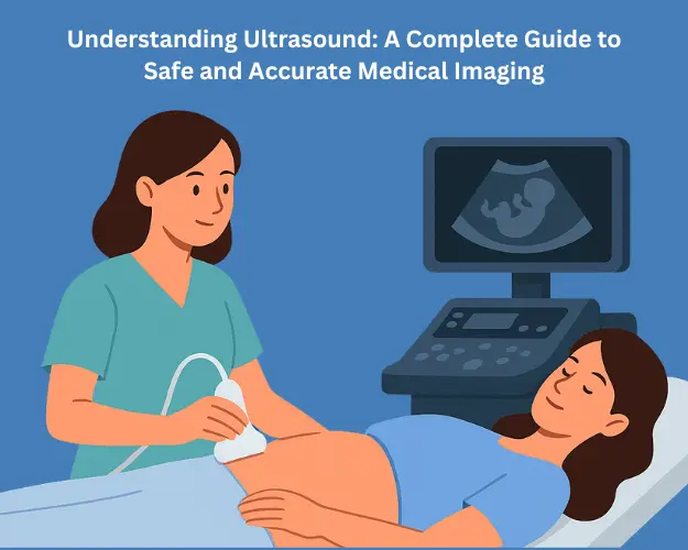 Ultrasound procedure showing a sonographer performing a scan with a transducer on a patient’s abdomen.