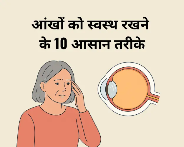 मोतियाबिंद और आंखों की देखभाल से जुड़ी जानकारी दर्शाता हुआ चित्र — एक महिला और आंख का चित्रण, आंखों के स्वास्थ्य पर केंद्रित ब्लॉग बैनर।