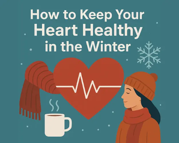 Illustration showing heart health care during winter — person dressed warmly with heart icon, snow background, and healthy lifestyle symbols.