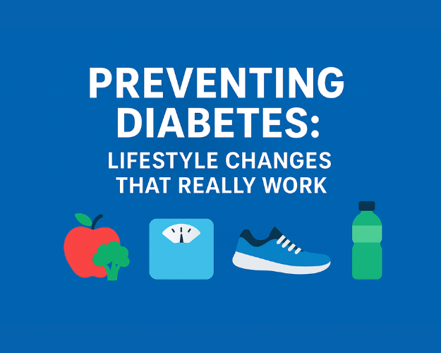 Illustrated banner showing healthy lifestyle activities like exercising, eating balanced meals, and maintaining weight — representing effective ways to prevent diabetes.