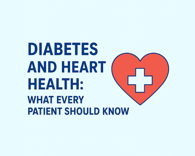 Banner explaining the link between diabetes and heart health, highlighting risks, symptoms, and prevention tips for patients.