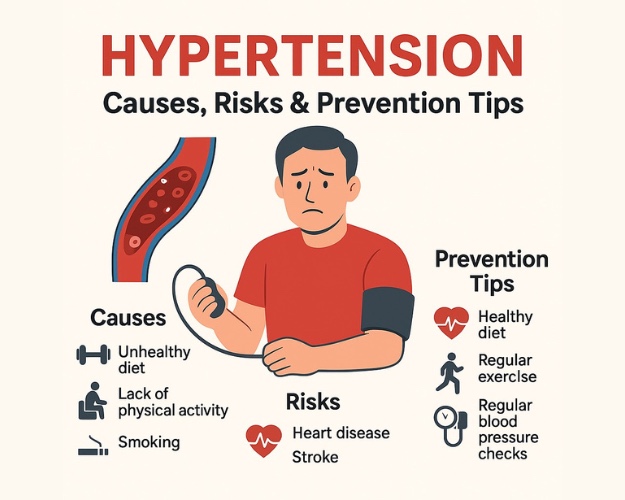 Hypertension awareness banner showing causes, risks, and prevention tips with heart health illustration