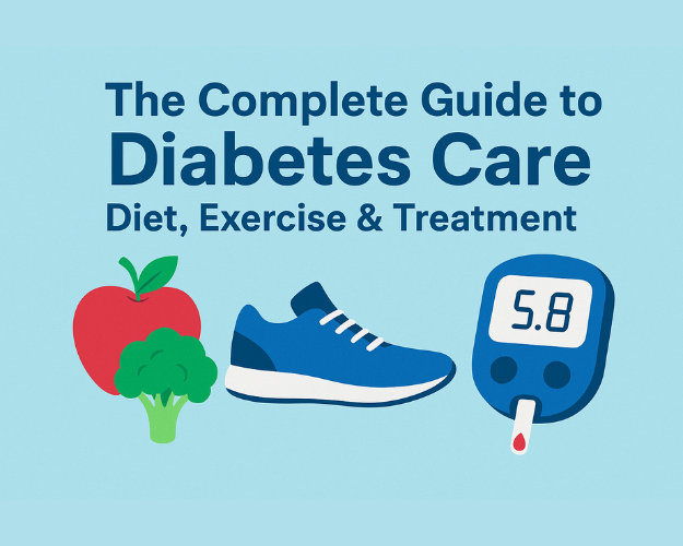 Infographic featuring healthy foods, running shoe, and glucose meter – The Complete Guide to Diabetes Care: Diet, Exercise & Treatment