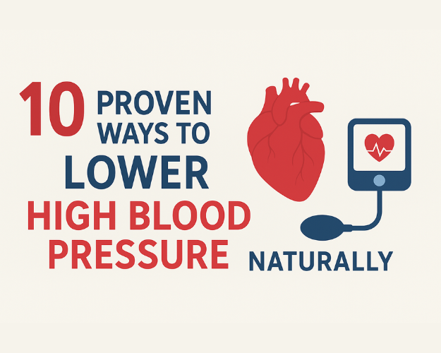 Banner showing the title ‘10 Proven Ways to Lower High Blood Pressure Naturally’ with heart and blood pressure monitor graphics