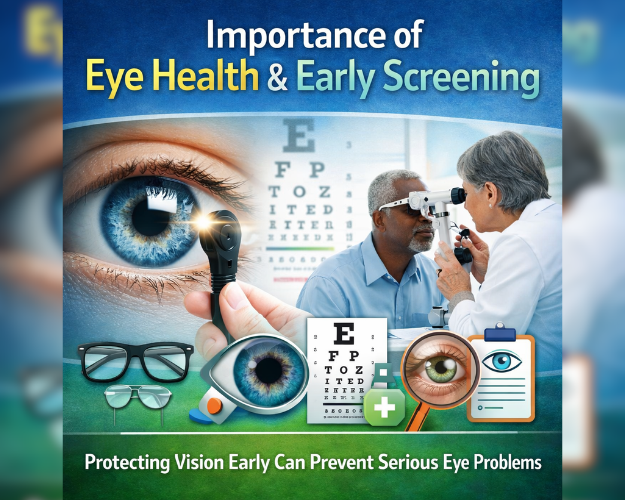 Importance of eye health and early screening banner showing eye checkup, vision test, and ophthalmology care at ITM Hospital Gwalior