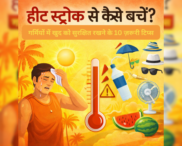 हीट स्ट्रोक से बचाव के टिप्स दिखाता हुआ बैनर जिसमें गर्मी, पानी, छाता और हेल्थ सेफ्टी आइकन शामिल हैं