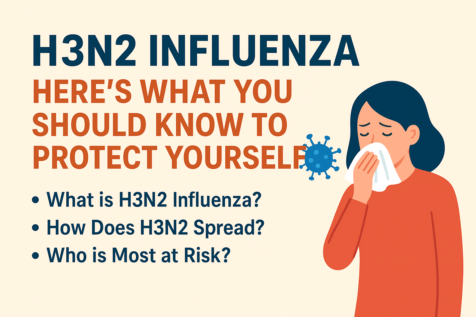 H3N2 influenza awareness banner showing virus icon, high-risk groups and prevention tips